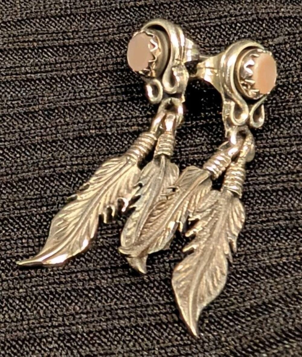 Silver Feather Earrings Pink Gemstone Southwestern Native Tribal American Tested